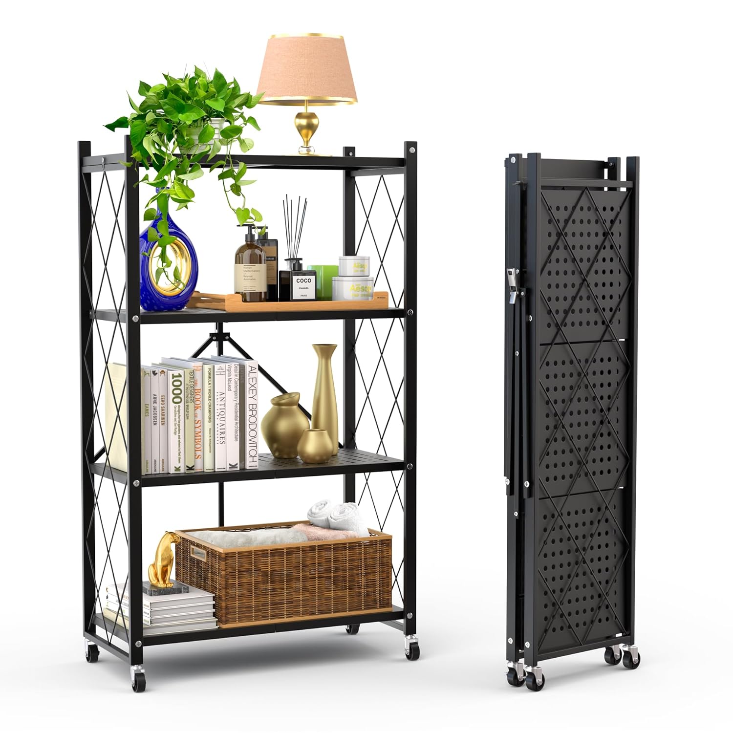 Book Cart Rolling - 4-Tier Foldable Storage Shelf with Wheels